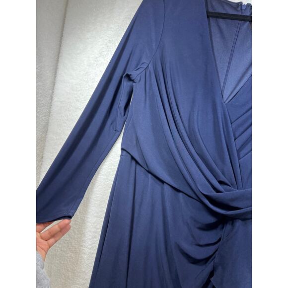 Betsy & Adam Navy Stretch V Neck Long Sleeve Ruffle Prom Maxi Dress Womens 16 - Picture 4 of 12